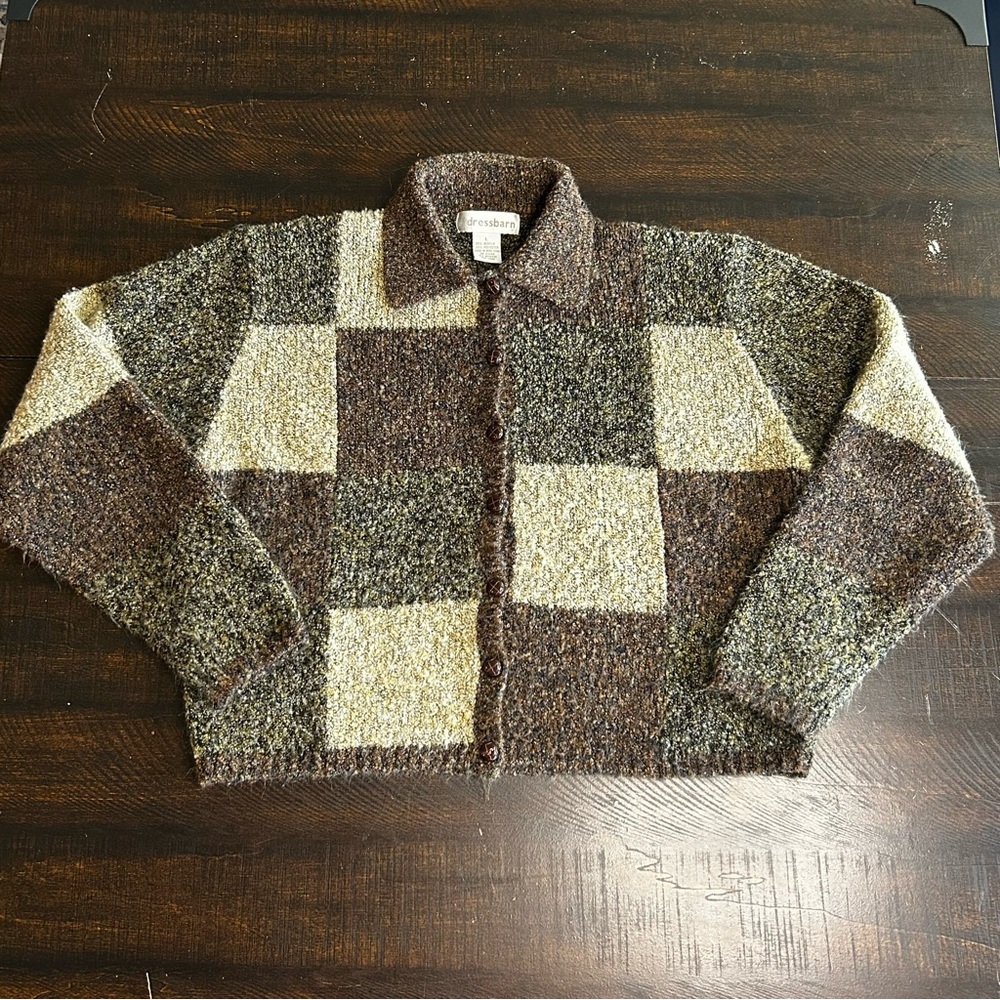 Pendleton Brown and Cream Checkered Wool Blend Cardigan